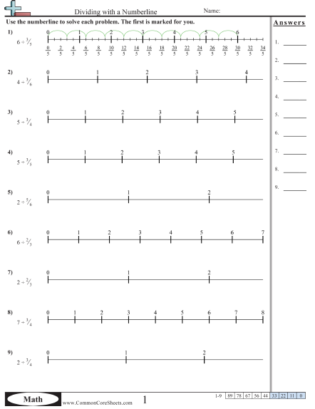 Fraction Worksheets - Dividing with a Numberline  worksheet